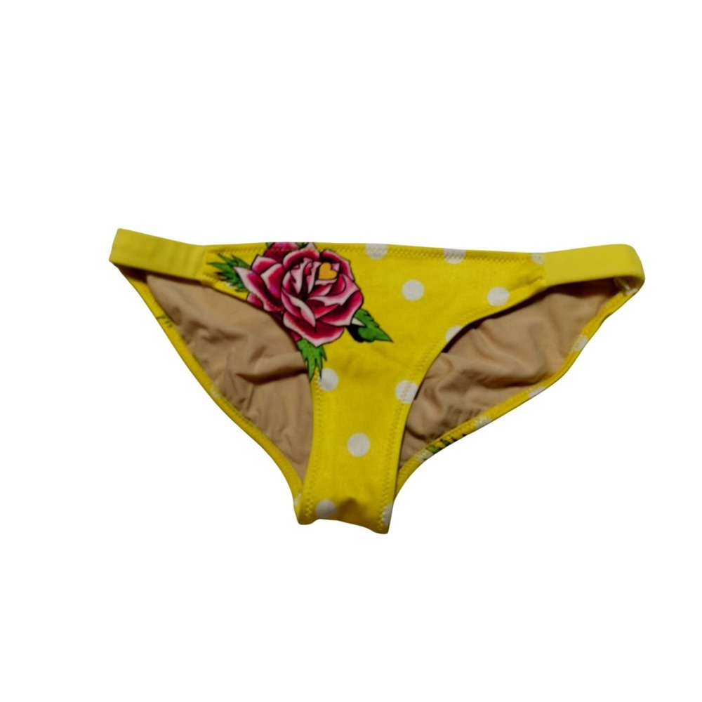 Ed Hardy Bikini Bottom Womens Small Yellow Polka Dot Rose Print Swimwear